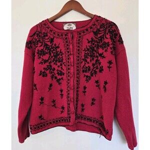 Tiara International Sweater Womens L Red Cardigan Whimsigoth Fairy Grunge Floral